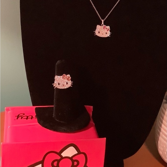 Hello Kitty Dominique & Pink Saph.Pave sterling silver necklace/ring set-Retired - Picture 2 of 14